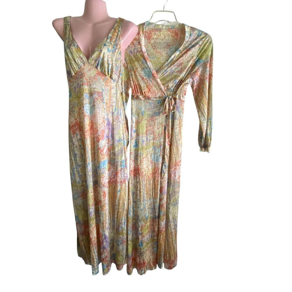 Gilead Nightgown Robe Set Womens Small/Medium Pastel Floral Nylon Maxi Made USA